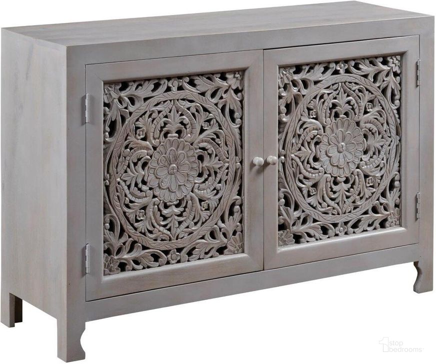 The appearance of Hidden Treasures Pierced Floral Two Door Cabinet designed by Hammary in the transitional interior design. This gray piece of furniture  was selected by 1StopBedrooms from Hidden Treasures Collection to add a touch of cosiness and style into your home. Sku: 090-1061. Material: Wood. Product Type: Cabinet. Image1