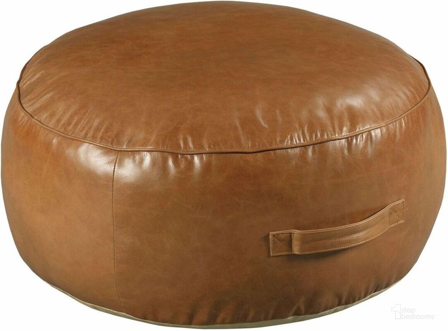 The appearance of Hidden Treasures Yasmeen Round Pouf designed by Hammary in the transitional interior design. This brown piece of furniture  was selected by 1StopBedrooms from Hidden Treasures Collection to add a touch of cosiness and style into your home. Sku: 090-1064. Material: Leather. Product Type: Ottoman. Image1