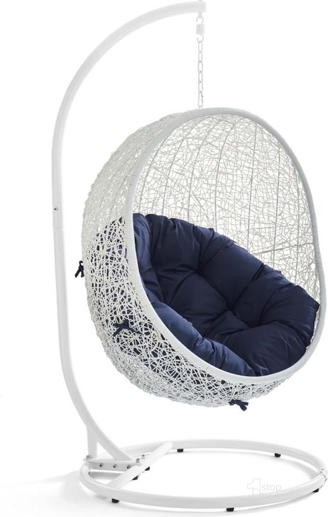 The appearance of Hide Outdoor Patio Sunbrella Swing Chair With Stand EEI-3929-WHI-NAV designed by Modway in the modern / contemporary interior design. This white navy piece of furniture  was selected by 1StopBedrooms from Hide Collection to add a touch of cosiness and style into your home. Sku: EEI-3929-WHI-NAV. Material: Polyester. Product Type: Outdoor Swing Chair. Image1