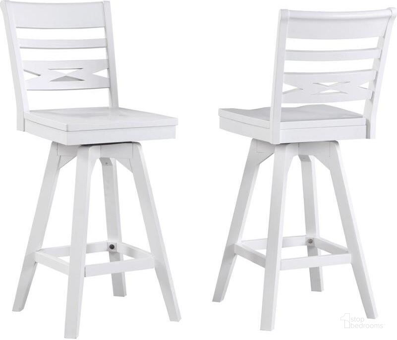 The appearance of Higgs Road White Barstool Set of 2 0qd24373102 designed by Bennett Interiors in the modern / contemporary interior design. This white piece of furniture  was selected by 1StopBedrooms from Higgs Road Collection to add a touch of cosiness and style into your home. Sku: 1060-01-BS2. Material: Wood. Product Type: Barstool. Image1