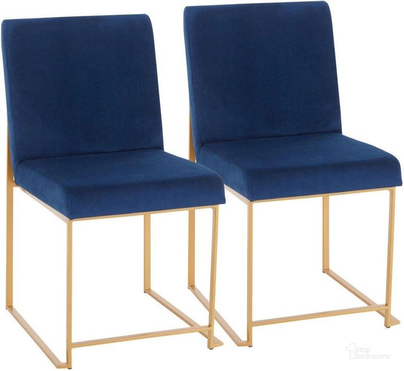 The appearance of High Back Fuji Contemporary Dining Chair In Gold And Blue Velvet - Set Of 2 designed by Lumisource in the modern / contemporary interior design. This blue velvet piece of furniture  was selected by 1StopBedrooms from Fuji Collection to add a touch of cosiness and style into your home. Sku: DC-HBFUJI AUVBU2. Product Type: Dining Chair. Material: Velvet. Image1