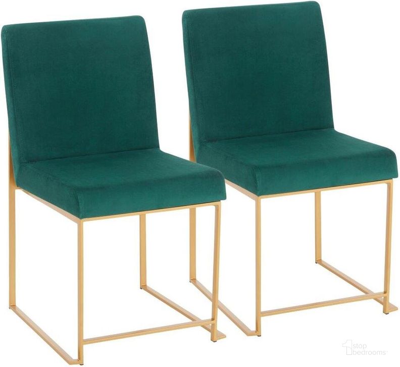 The appearance of High Back Fuji Contemporary Dining Chair In Gold And Green Velvet - Set Of 2 designed by Lumisource in the modern / contemporary interior design. This green velvet piece of furniture  was selected by 1StopBedrooms from Fuji Collection to add a touch of cosiness and style into your home. Sku: DC-HBFUJI AUVGN2. Product Type: Dining Chair. Material: Velvet. Image1
