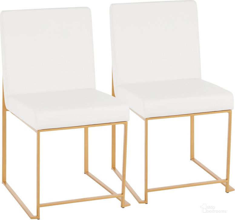 The appearance of High Back Fuji Contemporary Dining Chair In Gold And White Faux Leather - Set Of 2 designed by Lumisource in the modern / contemporary interior design. This gold and white piece of furniture  was selected by 1StopBedrooms from Fuji Collection to add a touch of cosiness and style into your home. Sku: DC-HBFUJI AUW2. Product Type: Dining Chair. Material: PU. Image1