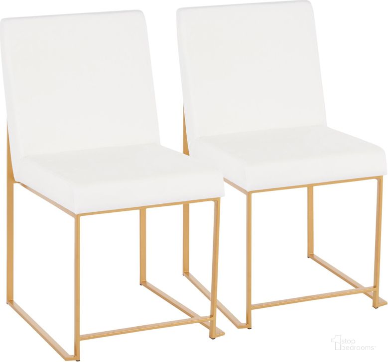 The appearance of High Back Fuji Contemporary Dining Chair In Gold And White Velvet - Set Of 2 designed by Lumisource in the modern / contemporary interior design. This gold and white piece of furniture  was selected by 1StopBedrooms from Fuji Collection to add a touch of cosiness and style into your home. Sku: DC-HBFUJI AUVW2. Product Type: Dining Chair. Material: Velvet. Image1