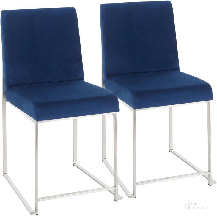 The appearance of High Back Fuji Contemporary Dining Chair In Stainless Steel And Blue Velvet - Set Of 2 designed by Lumisource in the modern / contemporary interior design. This blue velvet piece of furniture  was selected by 1StopBedrooms from Fuji Collection to add a touch of cosiness and style into your home. Sku: DC-HBFUJI SSVBU2. Product Type: Dining Chair. Material: Velvet. Image1