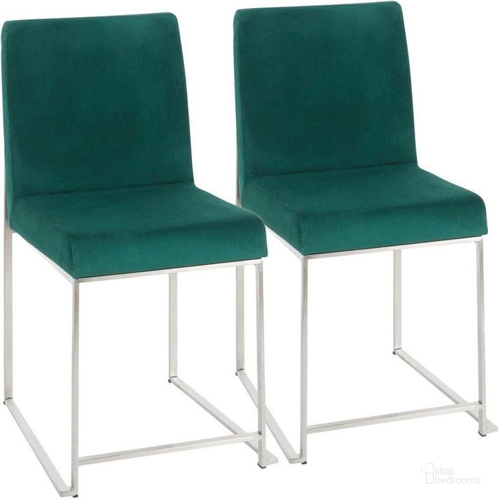 The appearance of High Back Fuji Contemporary Dining Chair In Stainless Steel And Green Velvet - Set Of 2 designed by Lumisource in the modern / contemporary interior design. This green velvet piece of furniture  was selected by 1StopBedrooms from Fuji Collection to add a touch of cosiness and style into your home. Sku: DC-HBFUJI SSVGN2. Product Type: Dining Chair. Material: Velvet. Image1
