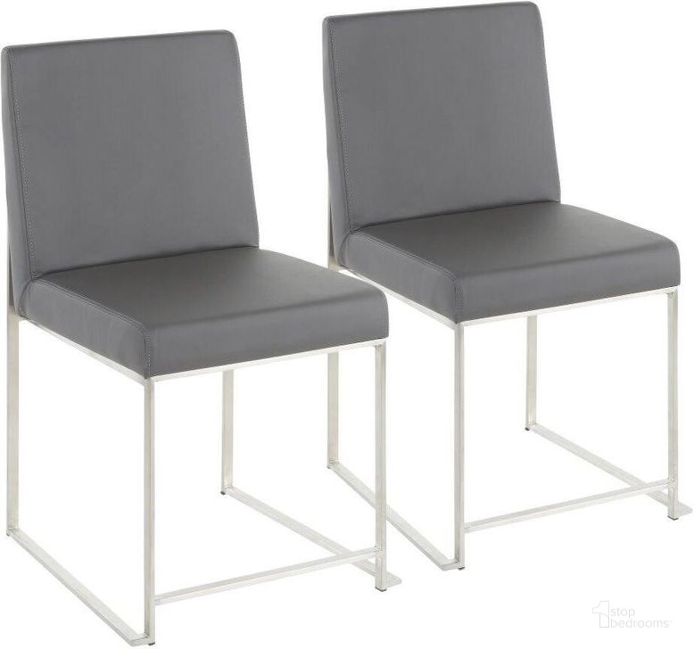 The appearance of High Back Fuji Contemporary Dining Chair In Stainless Steel And Grey Faux Leather - Set Of 2 designed by Lumisource in the modern / contemporary interior design. This stainless steel piece of furniture  was selected by 1StopBedrooms from Fuji Collection to add a touch of cosiness and style into your home. Sku: DC-HBFUJI SSGY2. Product Type: Dining Chair. Material: PU. Image1