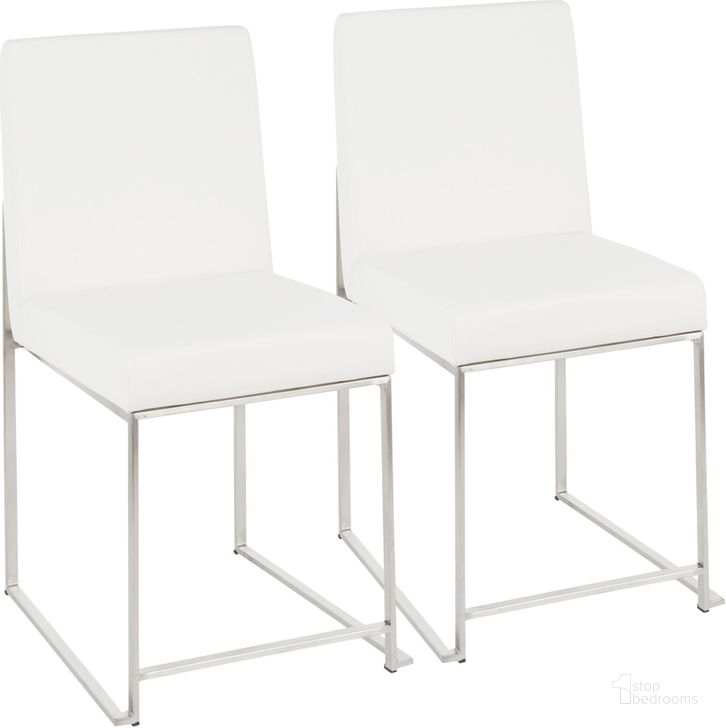 The appearance of High Back Fuji Contemporary Dining Chair In Stainless Steel And White Faux Leather - Set Of 2 designed by Lumisource in the modern / contemporary interior design. This white piece of furniture  was selected by 1StopBedrooms from Fuji Collection to add a touch of cosiness and style into your home. Sku: DC-HBFUJI SSW2. Product Type: Dining Chair. Material: PU. Image1