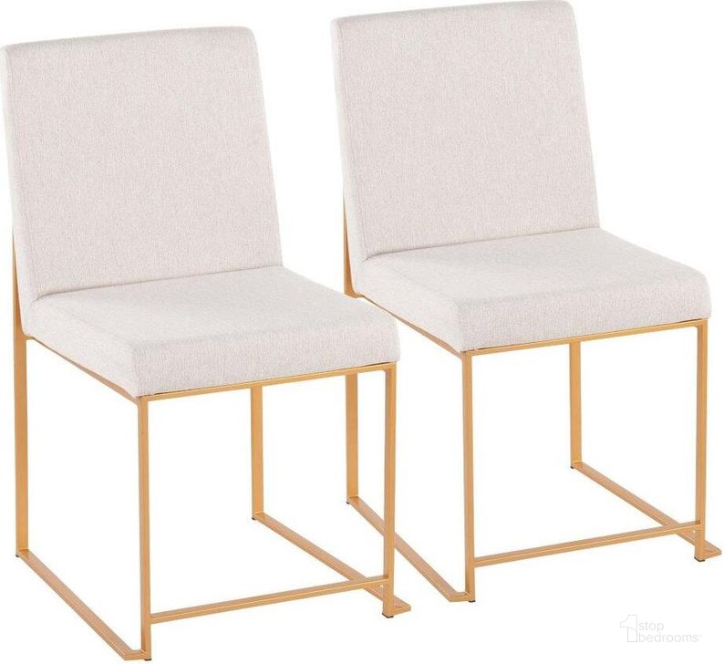 The appearance of High Back Fuji Dining Chair Set of 2 in Gold Steel and Beige Fabric designed by Lumisource in the modern / contemporary interior design. This beige piece of furniture  was selected by 1StopBedrooms from Fuji Collection to add a touch of cosiness and style into your home. Sku: DC-HBFUJI AUBG2. Product Type: Dining Chair. Material: Stainless Steel. Image1