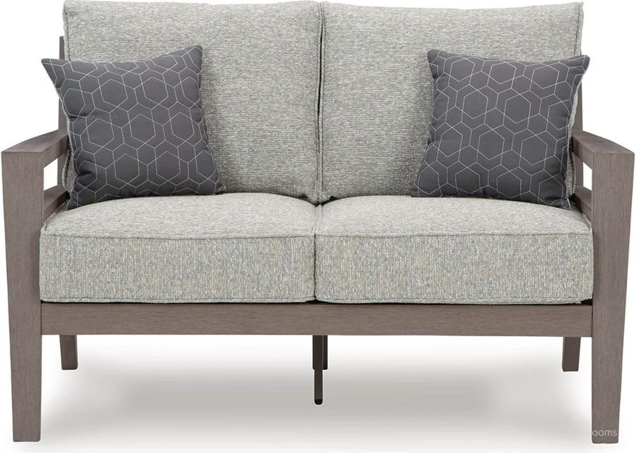 The appearance of Hillside Barn Gray/Brown Outdoor Loveseat With Cushion designed by Signature Design by Ashley in the modern / contemporary interior design. This gray/brown piece of furniture  was selected by 1StopBedrooms from Hillside Collection to add a touch of cosiness and style into your home. Sku: P564-835. Material: Fabric. Product Type: Outdoor Loveseat. Image1