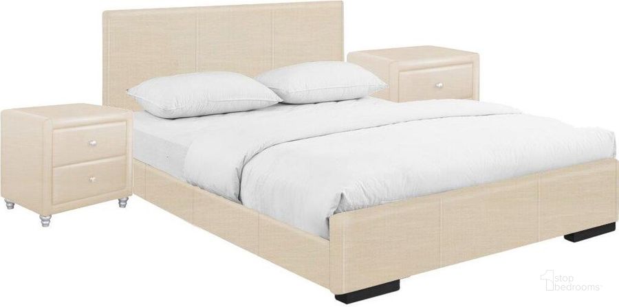 The appearance of Hindes Upholstered Queen Platform Bed In Beige With 2 Nightstands designed by Camden Isle Furniture in the modern / contemporary interior design. This beige piece of furniture  was selected by 1StopBedrooms from Hindes Collection to add a touch of cosiness and style into your home. Sku: 86953. Bed Type: Platform Bed. Product Type: Platform Bed. Bed Size: Queen. Image1