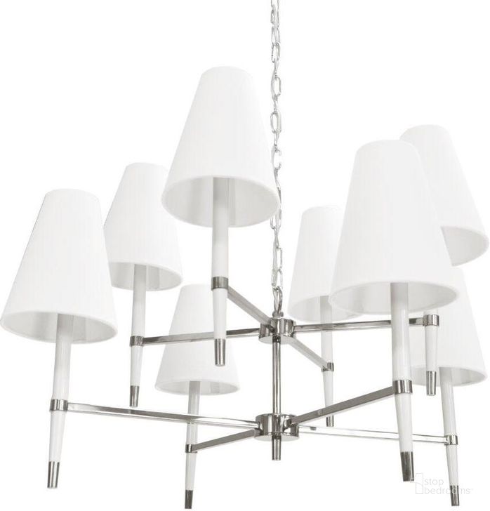 The appearance of Hines Nickel And White 2 Tier Chandelier designed by Worlds Away in the modern / contemporary interior design. This white and chrome piece of furniture  was selected by 1StopBedrooms from Hines Collection to add a touch of cosiness and style into your home. Sku: HINES NWH. Material: Metal. Product Type: Chandelier.