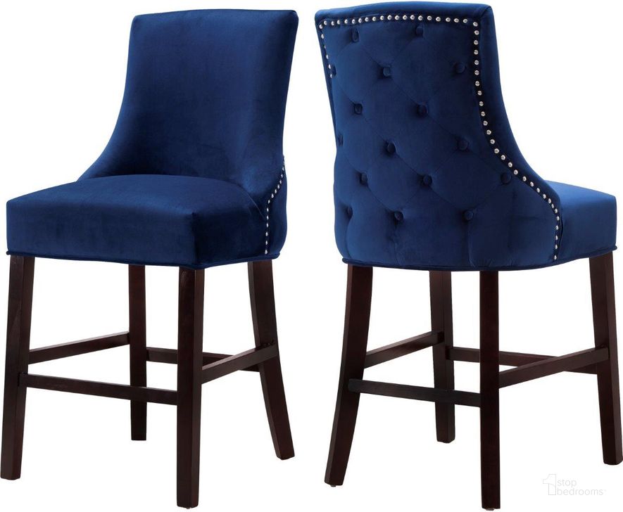 The appearance of Hitchcock Cress Navy Velvet Barstool Set of 2 designed by Furnique in the modern / contemporary interior design. This navy velvet piece of furniture  was selected by 1StopBedrooms from Hitchcock Cress Collection to add a touch of cosiness and style into your home. Sku: 775Navy-C. Material: Wood. Product Type: Barstool. Image1
