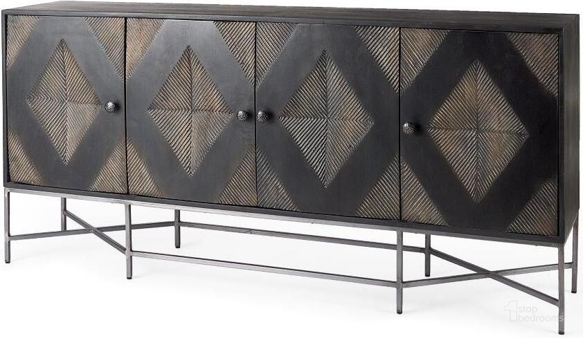 The appearance of Hogarth I Two-Tone Brown Solid Wood Base Silver Frame 4 Cabinet Sideboard designed by Mercana in the modern / contemporary interior design. This brown piece of furniture  was selected by 1StopBedrooms from Hogarth Collection to add a touch of cosiness and style into your home. Sku: 50431. Material: Wood. Product Type: Sideboard. Image1