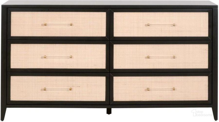 The appearance of Holland 6 Drawer Double Dresser In Brushed Black Natural Rattan designed by Essentials For Living in the transitional interior design. This black piece of furniture  was selected by 1StopBedrooms from Traditions Collection to add a touch of cosiness and style into your home. Sku: 6148.B-BLK/NAT. Product Type: Dresser. Material: MDF. Image1