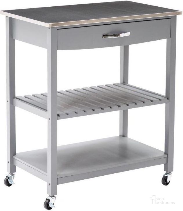 The appearance of Holland Kitchen Cart With Stainless Steel Top In Gray designed by Boraam Industries in the transitional interior design. This gray piece of furniture  was selected by 1StopBedrooms from Holland Collection to add a touch of cosiness and style into your home. Sku: 50658. Material: Wood. Product Type: Kitchen Cart. Image1