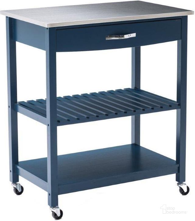 The appearance of Holland Kitchen Cart With Stainless Steel Top In Navy Blue designed by Boraam Industries in the transitional interior design. This navy blue piece of furniture  was selected by 1StopBedrooms from Holland Collection to add a touch of cosiness and style into your home. Sku: 50659. Material: Wood. Product Type: Kitchen Cart. Image1