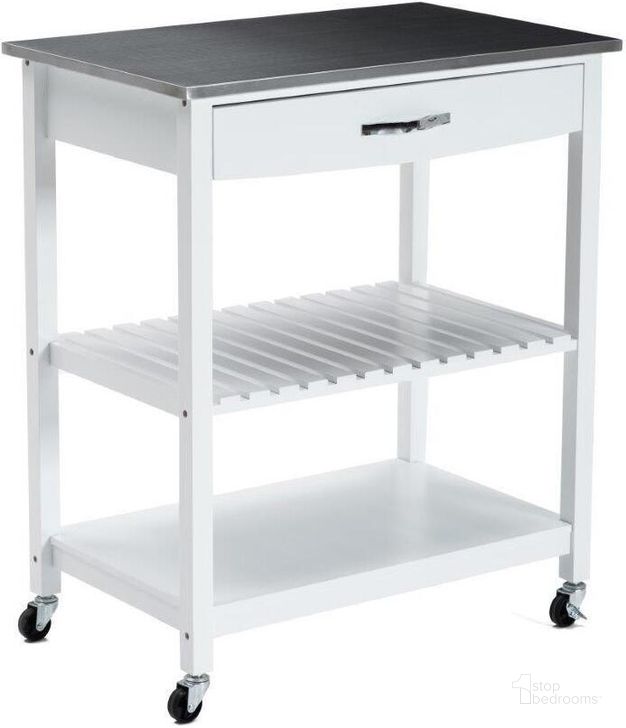 The appearance of Holland Kitchen Cart With Stainless Steel Top In White designed by Boraam Industries in the transitional interior design. This white piece of furniture  was selected by 1StopBedrooms from Holland Collection to add a touch of cosiness and style into your home. Sku: 50660. Material: Wood. Product Type: Kitchen Cart. Image1