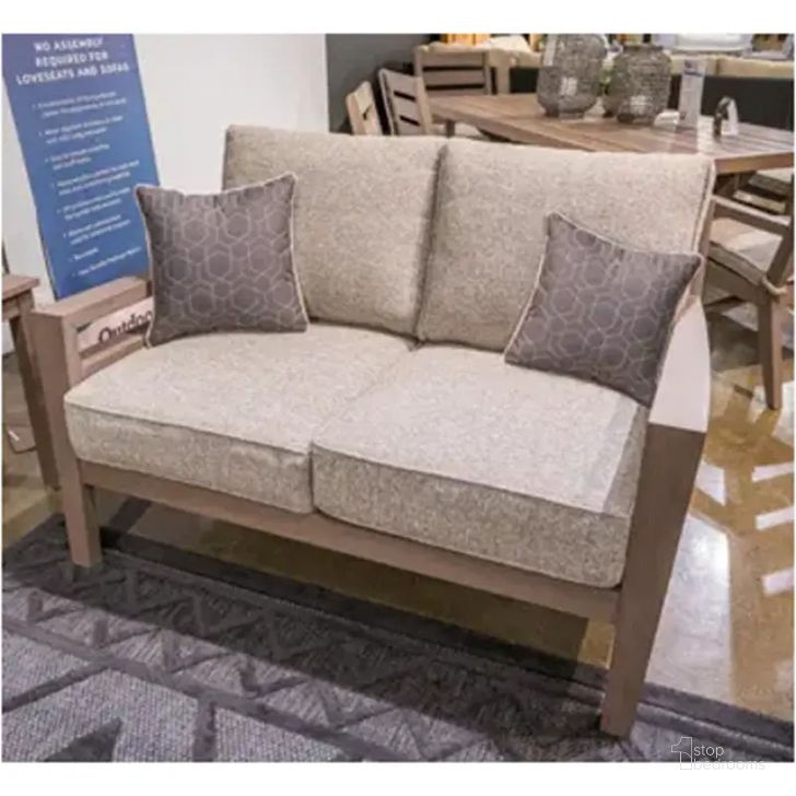 The appearance of Hollismore Gray/Brown Outdoor Loveseat 0qd24544535 designed by Atelier Home in the modern / contemporary interior design. This gray/brown piece of furniture  was selected by 1StopBedrooms from Hollismore Collection to add a touch of cosiness and style into your home. Sku: P564-835. Material: Fabric. Product Type: Outdoor Loveseat. Image1