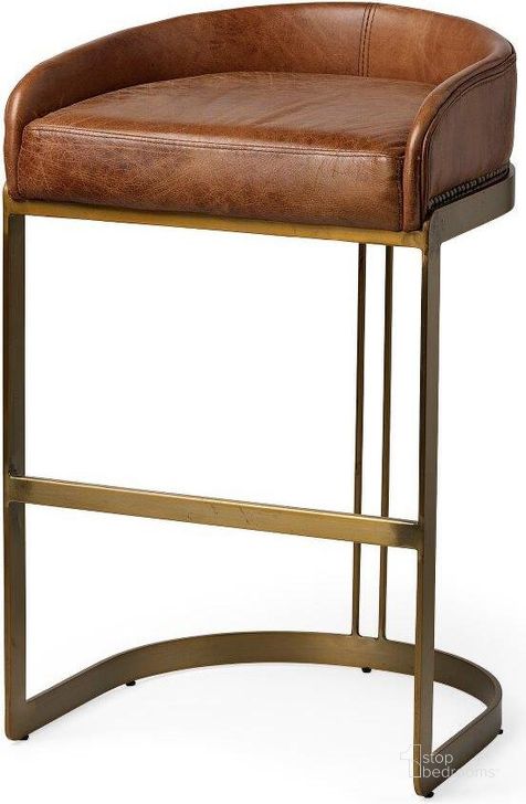 The appearance of Hollyfield Brown Leather Seat Gold Metal Base Stool designed by Mercana in the modern / contemporary interior design. This brown piece of furniture  was selected by 1StopBedrooms from Hollyfield Collection to add a touch of cosiness and style into your home. Sku: 68574. Material: Metal. Product Type: Barstool. Image1
