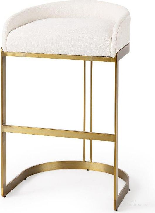 The appearance of Hollyfield Cream Fabric Seat With Gold Metal Base Bar Stool designed by Mercana in the modern / contemporary interior design. This cream piece of furniture  was selected by 1StopBedrooms from Hollyfield Collection to add a touch of cosiness and style into your home. Sku: 69456. Material: Metal. Product Type: Barstool. Image1