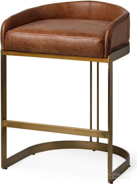The appearance of Hollyfield Total Height Brown Leather Seat Gold Metal Base Stool designed by Mercana in the modern / contemporary interior design. This brown piece of furniture  was selected by 1StopBedrooms from Hollyfield Collection to add a touch of cosiness and style into your home. Sku: 68573. Material: Metal. Product Type: Barstool. Image1