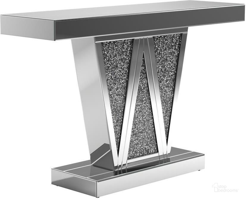 The appearance of Hollywood Glam Console Table w/ Geometric Base designed by Coaster in the modern / contemporary interior design. This silver piece of furniture  was selected by 1StopBedrooms from  to add a touch of cosiness and style into your home. Sku: 951786B1;951786B2. Product Type: Sofa Table. Material: MDF. Image1