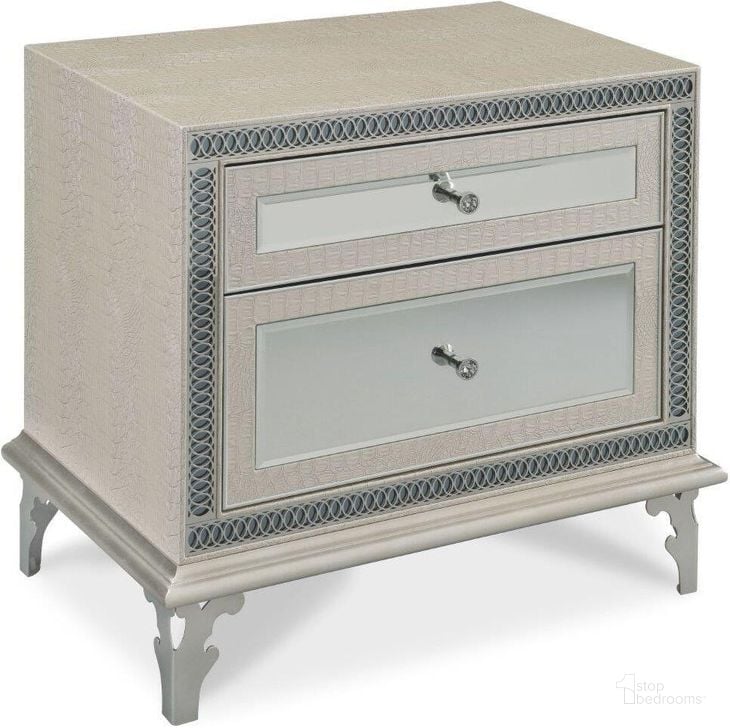 The appearance of Hollywood Swank Crystal Croc Nightstand designed by AICO in the transitional interior design. This beige piece of furniture  was selected by 1StopBedrooms from Hollywood Swank Collection to add a touch of cosiness and style into your home. Sku: NT03040-09. Product Type: Nightstand.