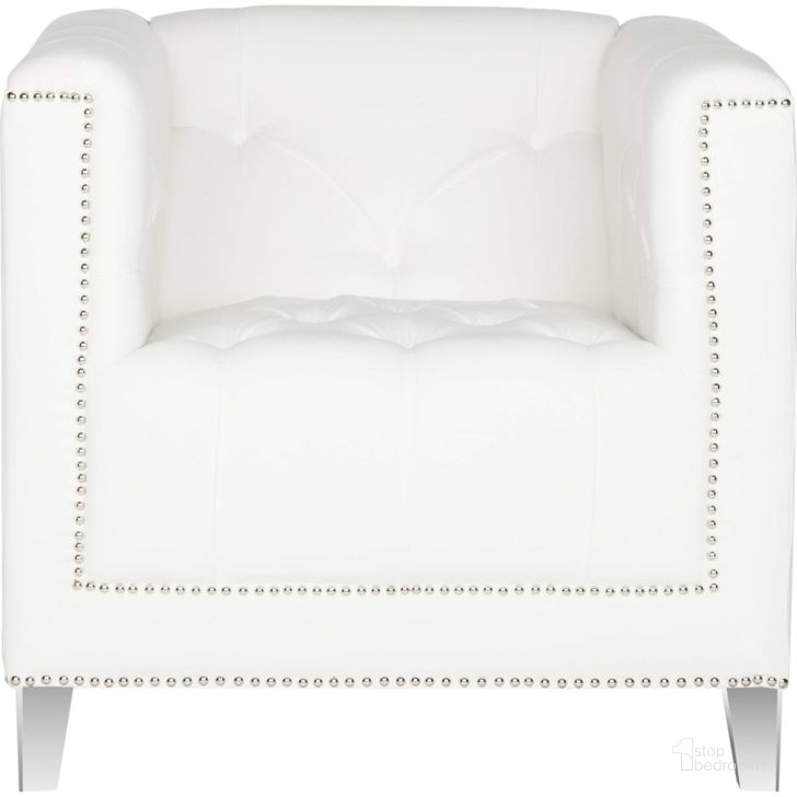 The appearance of Hollywood White and Clear Glam Tufted Acrylic White Club Chair with Nailhead Detail MCR4212A designed by Safavieh in the modern / contemporary interior design. This white piece of furniture  was selected by 1StopBedrooms from Hollywood Collection to add a touch of cosiness and style into your home. Sku: MCR4212A. Product Type: Accent Chair. Material: Stainless Steel. Image1