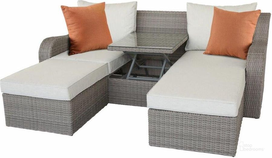 The appearance of Homeroots 3Pc Beige Fabric And Gray Wicker Patio Sectional And Ottoman Set designed by Homeroots in the modern / contemporary interior design. This beige and gray piece of furniture  was selected by 1StopBedrooms from  to add a touch of cosiness and style into your home. Sku: 318796. Material: Glass. Product Type: Outdoor Set. Image1
