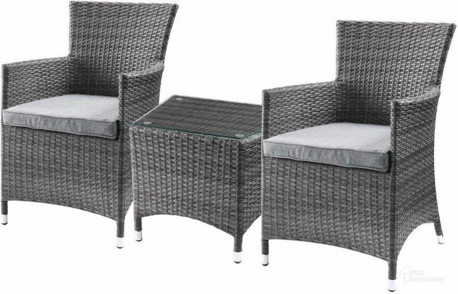 The appearance of Homeroots 3Pc Gray Fabric And Wicker Patio Bistro Set designed by Homeroots in the modern / contemporary interior design. This gray piece of furniture  was selected by 1StopBedrooms from  to add a touch of cosiness and style into your home. Sku: 318794. Material: Glass. Product Type: Bistro & Pub Set. Image1