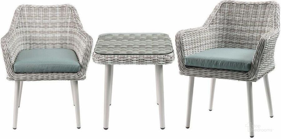 The appearance of Homeroots 3Pc Green Fabric And Beige Wicker Patio Bistro Set designed by Homeroots in the modern / contemporary interior design. This green and beige piece of furniture  was selected by 1StopBedrooms from  to add a touch of cosiness and style into your home. Sku: 318795. Material: Glass. Product Type: Bistro & Pub Set. Image1