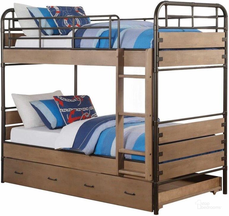 The appearance of Homeroots Antique Oak And Gunmetal Twin Over Twin Bunk Bed designed by Homeroots in the modern / contemporary interior design. This antique oak piece of furniture  was selected by 1StopBedrooms from  to add a touch of cosiness and style into your home. Sku: 318771. Bed Type: Bunk Bed. Product Type: Bunk Bed. Bed Size: Twin Over Twin. Material: Pine. Image1
