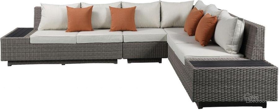 The appearance of Homeroots Beige Fabric And Gray Wicker Patio Sectional And Cocktail Table designed by Homeroots in the modern / contemporary interior design. This beige and gray piece of furniture  was selected by 1StopBedrooms from  to add a touch of cosiness and style into your home. Sku: 318798. Product Type: Cocktail Table. Material: Aluminium. Image1