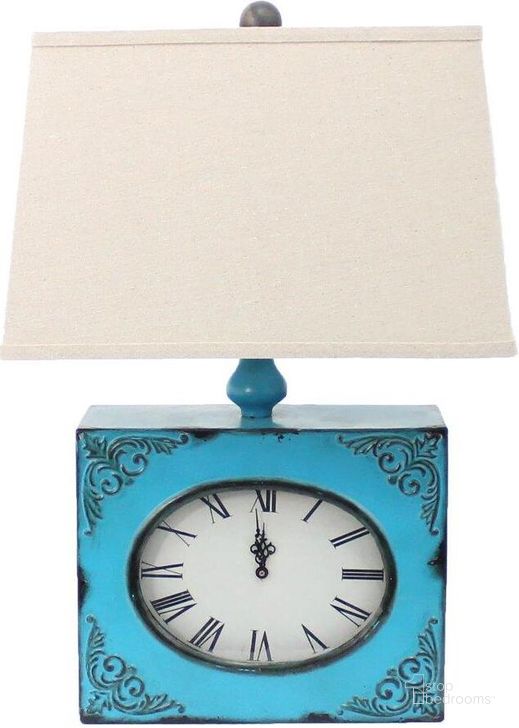The appearance of Homeroots Blue Vintage Metal Clock Base Table Lamp designed by Homeroots in the traditional interior design. This blue piece of furniture  was selected by 1StopBedrooms from Vintage Collection to add a touch of cosiness and style into your home. Sku: 274470. Material: Metal. Product Type: Table Lamp.