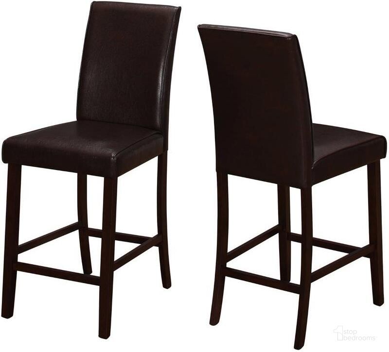 The appearance of Homeroots Brown Leather Look Counter Height 2Pcs Dining Chair designed by Homeroots in the glam interior design. This brown piece of furniture  was selected by 1StopBedrooms from  to add a touch of cosiness and style into your home. Sku: 332664. Material: Wood. Product Type: Dining Chair. Image1