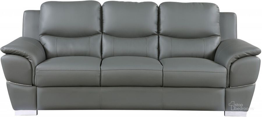 The appearance of Homeroots Chic Grey Leather Sofa 329483 designed by Homeroots in the modern / contemporary interior design. This gray piece of furniture  was selected by 1StopBedrooms from  to add a touch of cosiness and style into your home. Sku: 329483. Material: Leather. Product Type: Leather Sofa. Image1