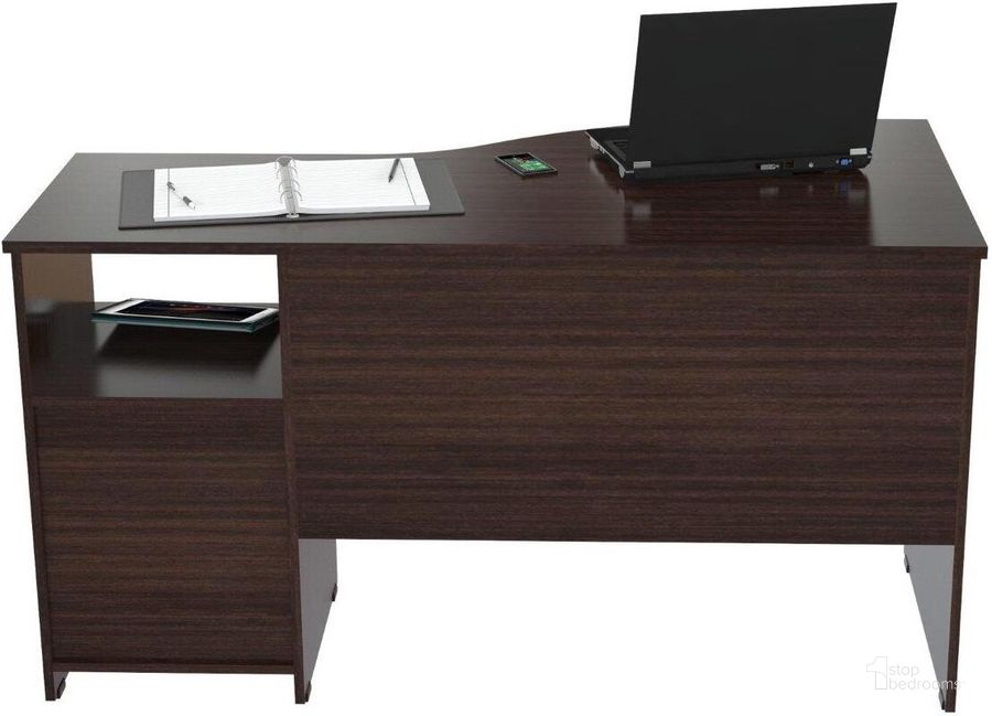 The appearance of Homeroots Espresso Melamine And Engineered Wood Curved Top Desk designed by Homeroots in the modern / contemporary interior design. This espresso piece of furniture  was selected by 1StopBedrooms from  to add a touch of cosiness and style into your home. Sku: 249791. Material: Wood. Product Type: Desk. Image1