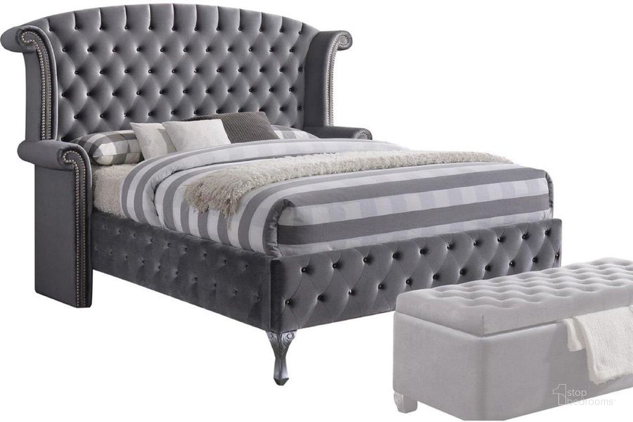 The appearance of Homeroots Gray Velvet Queen Bed designed by Homeroots in the modern / contemporary interior design. This gray velvet piece of furniture  was selected by 1StopBedrooms from  to add a touch of cosiness and style into your home. Sku: 285901. Bed Type: Panel Bed. Material: Wood. Product Type: Panel Bed. Bed Size: Queen. Image1
