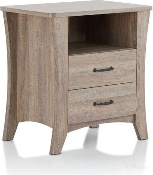 The appearance of Homeroots Rustic Natural Particle Board Nightstand designed by Homeroots in the traditional interior design. This rustic natural tone piece of furniture  was selected by 1StopBedrooms from  to add a touch of cosiness and style into your home. Sku: 286120. Product Type: Nightstand. Material: MDF. Image1