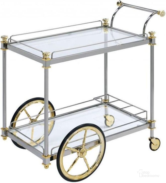 The appearance of Homeroots Silver Gold Clear Glass Metal Casters Serving Cart designed by Homeroots in the modern / contemporary interior design. This gold and silver piece of furniture  was selected by 1StopBedrooms from  to add a touch of cosiness and style into your home. Sku: 347564. Material: Metal. Product Type: Serving Cart. Image1