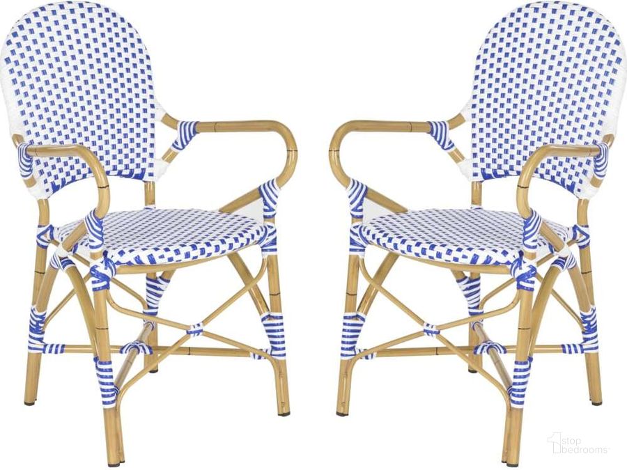 The appearance of Hooper Blue and White Indoor/Outdoor Stacking Armchair FOX5209A designed by Safavieh in the country / farmhouse interior design. This blue and white piece of furniture  was selected by 1StopBedrooms from Hooper Collection to add a touch of cosiness and style into your home. Sku: FOX5209A-SET2. Material: Aluminum. Product Type: Arm Chair. Image1