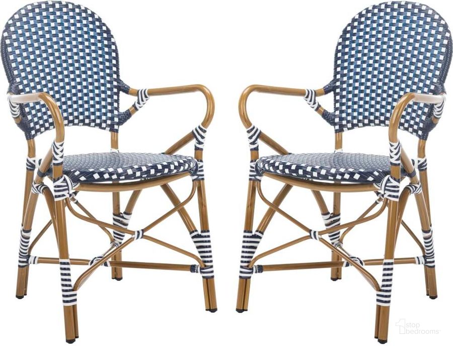 The appearance of Hooper Navy/White Indoor-Outdoor Stacking ArmChair Set of 2 FOX5209F designed by Safavieh in the country / farmhouse interior design. This white navy piece of furniture  was selected by 1StopBedrooms from Hooper Collection to add a touch of cosiness and style into your home. Sku: FOX5209F-SET2. Material: Aluminum. Product Type: Arm Chair. Image1
