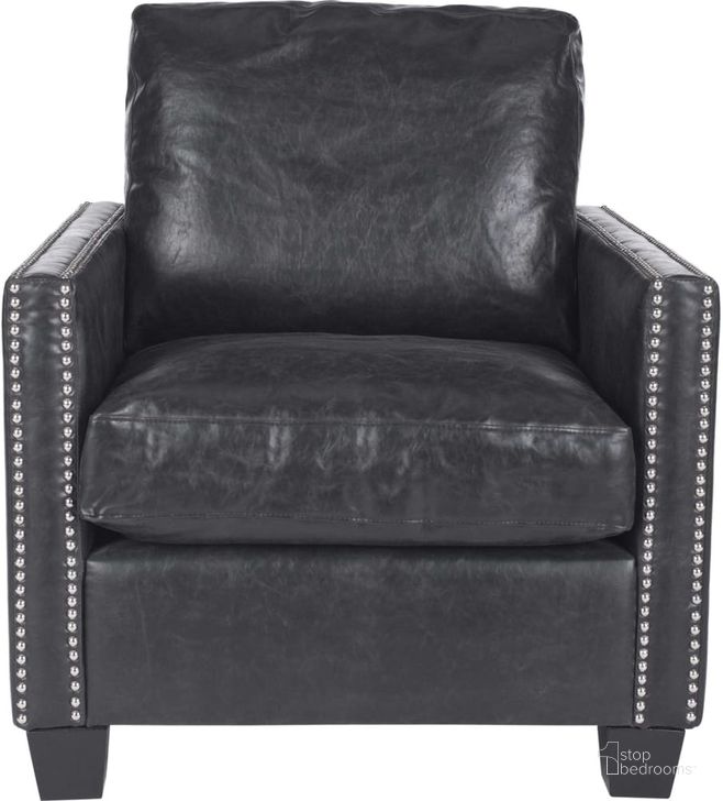 The appearance of Horace Antique Black Leather Club Chair with Silver Nailhead Detail designed by Safavieh in the transitional interior design. This antique black piece of furniture  was selected by 1StopBedrooms from Horace Collection to add a touch of cosiness and style into your home. Sku: MCR4736A. Product Type: Accent Chair. Material: Stainless Steel. Image1