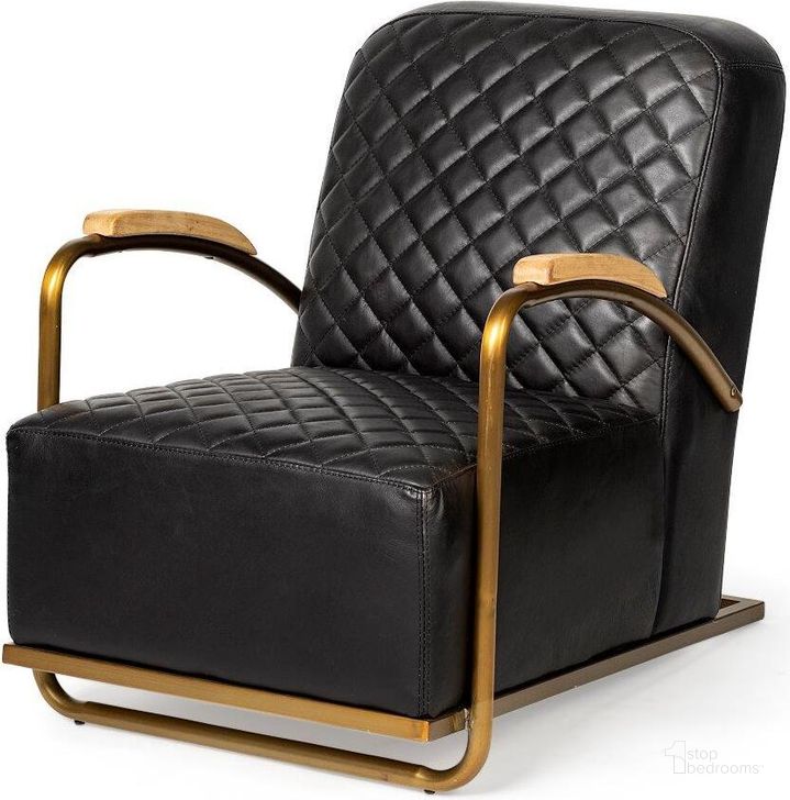 The appearance of Horace I Black Leather Diamond Pattern With Gold Iron Frame Accent Chair designed by Mercana in the modern / contemporary interior design. This black and gold piece of furniture  was selected by 1StopBedrooms from Horace Collection to add a touch of cosiness and style into your home. Sku: 50406. Material: Leather. Product Type: Accent Chair. Image1