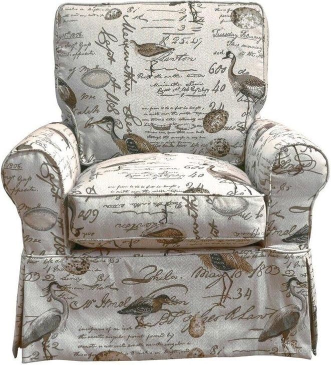 The appearance of Horizon Bird Script Slipcovered Swivel Rocking Chair designed by Sunset Trading in the traditional interior design. This cream piece of furniture  was selected by 1StopBedrooms from Horizon Collection to add a touch of cosiness and style into your home. Sku: SU-114993-854825. Material: Wood. Product Type: Swivel Chair. Image1