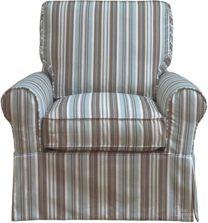 The appearance of Horizon Blue Striped Slipcovered Swivel Rocking Chair designed by Sunset Trading in the traditional interior design. This brown piece of furniture  was selected by 1StopBedrooms from Horizon Collection to add a touch of cosiness and style into your home. Sku: SU-114993-395225. Material: Wood. Product Type: Swivel Chair. Image1