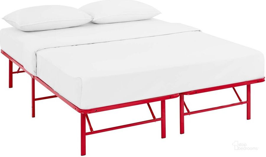 The appearance of Horizon Queen Stainless Steel Bed Frame In Red designed by Modway in the modern / contemporary interior design. This red piece of furniture  was selected by 1StopBedrooms from Horizon Collection to add a touch of cosiness and style into your home. Sku: MOD-5429-RED. Material: Steel. Product Type: Bed Frame. Bed Size: Queen. Image1