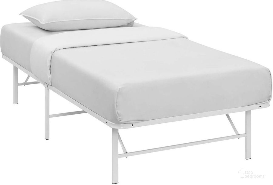 The appearance of Horizon Twin Stainless Steel Bed Frame In White designed by Modway in the modern / contemporary interior design. This white piece of furniture  was selected by 1StopBedrooms from Horizon Collection to add a touch of cosiness and style into your home. Sku: MOD-5427-WHI. Material: Steel. Product Type: Bed Frame. Bed Size: Twin. Image1