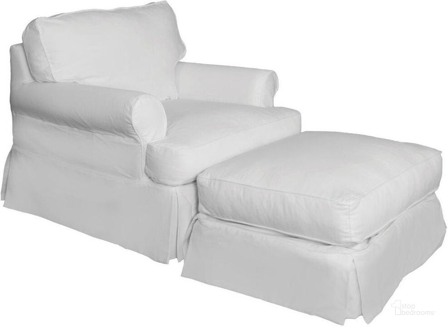 The appearance of Horizon Warm White Slipcovered T-Cushion Chair with Ottoman designed by Sunset Trading in the transitional interior design. This warm white piece of furniture  was selected by 1StopBedrooms from Horizon Collection to add a touch of cosiness and style into your home. Sku: SU-117620-423080;SU-117630-423080. Material: Wood. Product Type: Chair with Ottoman. Image1